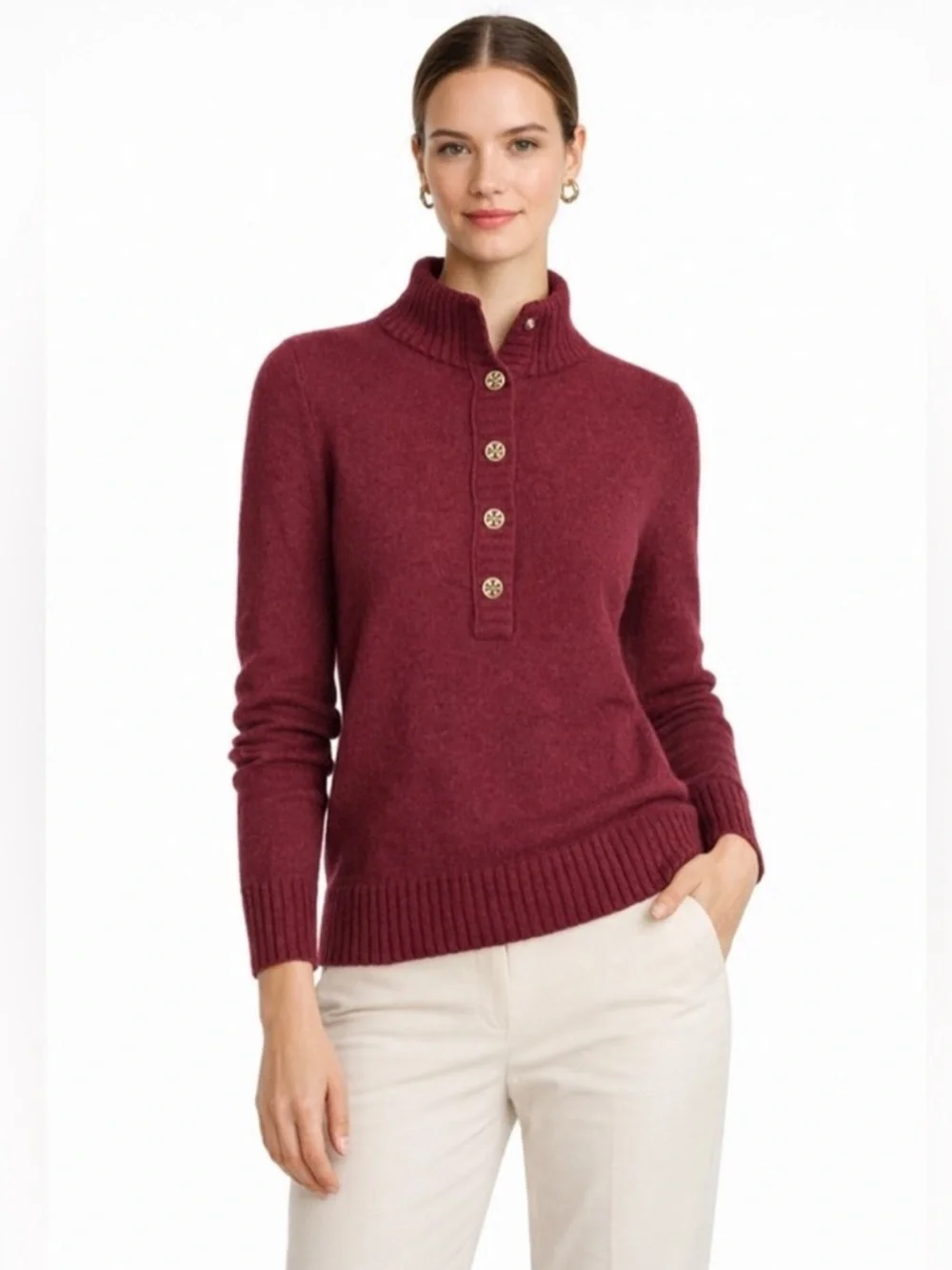 Tory Burch Audra Mock Neck Wool‎ Cashmere Red Purple Henley Sweater